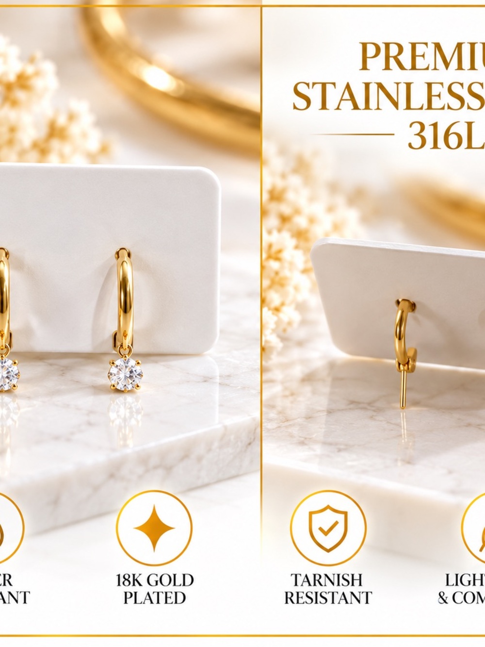 Gold-Tone Hoop Drop Earrings with Clear Cubic Zirconia